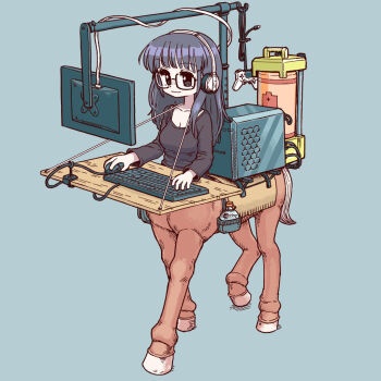 1girl battery blue_background blue_hair bottle cable centaur closed_mouth commission computer computer_tower controller freckles full_body game_controller glasses gobori headphones hooves computer_keyboard long_hair monitor monster_girl computer_mouse original playing_games simple_background skeb_commission solo taur wavy_mouth