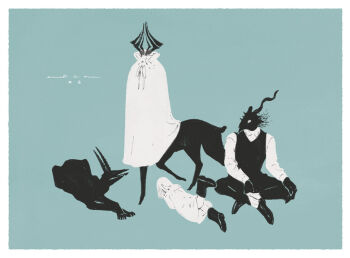 1boy 1girl blue_background body_fur child creature deer dress full_body furry furry_male greyscale_with_colored_background horns indian_style lying nagabe on_stomach sensei_(totsukuni_no_shoujo) shiva_(totsukuni_no_shoujo) simple_background sitting tail totsukuni_no_shoujo vest