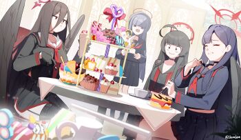 1beombeom 4girls absurdres black_choker black_hair black_serafuku black_skirt black_wings blood blood_halo blue_archive cake choker cup eating feathered_wings food hair_between_eyes halo hasumi_(blue_archive) highres ichika_(blue_archive) justice_task_force_(blue_archive) justice_task_force_member_(blue_archive) liquid_halo long_hair_between_eyes low_wings melting_halo mole mole_under_eye multiple_girls neckerchief oversized_wings red_eyes red_halo red_neckerchief sandwich school_uniform serafuku sitting skirt sweets table teacup tsurugi_(blue_archive) wings