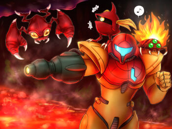 1girl aiming alien arm_cannon armor assault_visor blue_visor claws commentary_request full_armor green_eyes highres lava metroid metroid_(classic) musical_note nintendo normal_suit_(metroid) power_armor power_suit_(metroid) samus_aran wakaba_(wata_ridley) weapon yellow_eyes