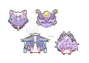 2boys bell black_cat black_hair black_horns blue_hat blunt_ends blush blush_stickers bright_pupils cat closed_eyes closed_mouth colored_eyelashes crossed_bangs disembodied_head dragon dragon_boy dragon_horns eyeliner eyeshadow facial_mark facing_viewer feathers forehead_mark genshin_impact gnsn_tera gold hair_between_eyes hat highres horns jingle_bell jitome looking_at_viewer makeup mini_durin_(dragon)_(genshin_impact) mini_durin_(genshin_impact) mini_durin_(human)_(genshin_impact) multiple_boys orange_eyes pom_pom_(clothes) purple_eyes purple_hair purple_horns red_eyeliner red_eyeshadow scaramouche_(cat)_(genshin_impact) scaramouche_(genshin_impact) small_dragon smile string twitter_username two-sided_horns wanderer_(genshin_impact) watermark white_background white_pupils wispy_bangs yellow_feathers