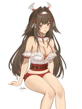 1girl animal_ears arepko artist_name bare_shoulders breasts brown_hair cleavage commentary_request corset fox_ears fox_girl hair_intakes hairband highres large_breasts long_hair looking_at_viewer red_eyes red_shorts short_shorts shorts simple_background solo very_long_hair white_background white_corset white_hairband ye_shunguang zenless_zone_zero