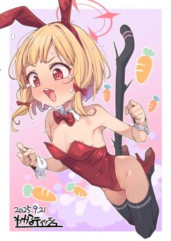 adversarial_noise animal_ear_hairband artist_name bar_censor black_tail black_thighhighs blonde_hair blue_archive blush border bow bowtie carrot_print censored cleft_of_venus dated detached_collar fake_animal_ears food_print gradient_background groin hair_bow hairband halo hands_up high_heels highres kanabun loli looking_ahead medium_hair momoi_(blue_archive) nipples open_mouth outside_border pink_background purple_background pussy rabbit_ear_hairband rabbit_ears red_bow red_bowtie red_eyes red_hairband red_halo red_shoes shoes sweat tears teeth thighhighs tongue upper_teeth_only white_border white_wrist_cuffs wrist_cuffs