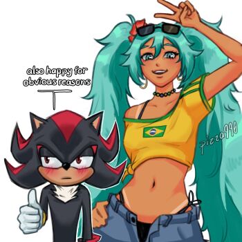 1boy 1girl aqua_eyes aqua_hair bead_choker beads bikini bikini_under_clothes blush brazilian_miku breasts commentary contrapposto crop_top cropped_shirt crossover earrings english_commentary english_text eyewear_on_head flower furry furry_male gloves hair_flower hair_ornament hand_on_own_hip hatsune_miku highres hoop_earrings i_just_love_latinas_sonic_(meme) jewelry long_hair meme midriff navel off_shoulder open_fly open_mouth pizza990 red_eyes shadow_the_hedgehog shirt side-tie_bikini_bottom signature small_breasts smile sonic_(series) sunglasses swimsuit tan tanline thumbs_up tied_shirt twintails v very_long_hair vocaloid white_gloves