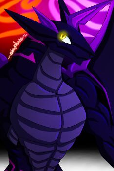 bakugan colored_skin highres horns leonidas_(bakugan) looking_at_viewer monster purple_skin smile upper_body wings yellow_eyes