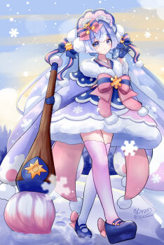 1girl absurdres aqua_eyes aqua_hair blue_gloves closed_mouth commentary crescent crescent_hair_ornament fur-trimmed_kimono fur-trimmed_sleeves fur_trim giant_brush gloves gradient_hair hair_ornament hatsune_miku highres holding holding_paintbrush ikraaa_204 japanese_clothes kimono long_hair long_sleeves multicolored_hair official_alternate_costume official_alternate_hairstyle paintbrush petite pink_hair pink_kimono pink_thighhighs pom_pom_(clothes) snowflakes snowing solo sun_hair_ornament thighhighs twintails very_long_hair vocaloid walking yuki_miku yuki_miku_(2023)