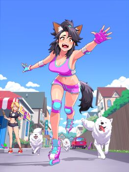 2girls animal_ears bikini bikini_bottom_only bikini_under_clothes black_bikini black_hair black_shorts black_tank_top blonde_hair blue_eyes bottle breasts brown_eyes car cleavage cloud cloudy_sky commentary day dog elbow_pads english_commentary falling food holding holding_bottle holding_food holding_ice_cream house ice_cream inline_skates knee_pads looking_at_another looking_at_viewer motor_vehicle multiple_girls navel open_clothes open_mouth original outdoors pink_shorts pink_tank_top print_bikini red_shoes road roller_skates ronindude ruthie_(ronindude) sassy_(ronindude) shirt shoes short_shorts shorts skateboard skates skull_print sky sneakers street swimsuit tail tank_top teeth tied_shirt white_dog wolf_ears wolf_girl wolf_tail