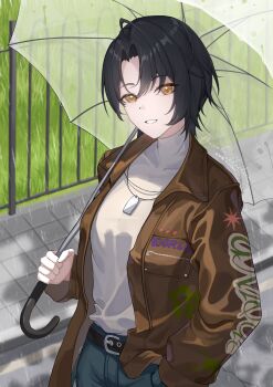 1girl ahoge alternate_hair_color atong60071816 belt belt_buckle black_belt brown_jacket buckle commentary covered_collarbone denim eleanor_si english_commentary grass grin hand_in_pocket highres holding holding_umbrella jacket jeans looking_at_viewer love_curse:_find_your_soulmate outdoors pale_skin pants rain short_hair signature smile solo transparent transparent_umbrella umbrella yellow_eyes