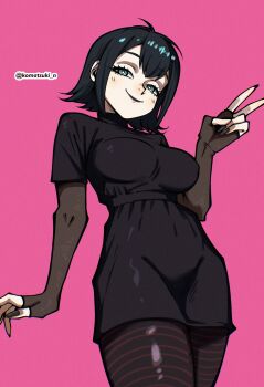 1girl absurdres black_dress black_hair black_lips black_nails blue_eyes breasts dress eyeshadow fingerless_gloves gloves goth_fashion highres hotel_transylvania komatsuki_n looking_at_viewer makeup mavis_dracula pantyhose pink_background short_hair simple_background smile solo striped_clothes striped_pantyhose v