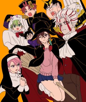 &gt;_&lt; 3girls 4boys adjusting_eyewear animal_ears ascot ayase_momo bat_boy bat_costume bat_ears black_cloak black_hair black_hat black_robe blue_skirt bow broom broom_riding brown_hair brown_pants brown_shoes cloak closed_mouth cross crossed_bangs d: dandadan dx earrings facial_mark fangs fangs_out ghost_costume glasses green_eyes green_hair gundam hair_between_eyes halloween_costume hat holding holding_cross horns jewelry jiangshi_costume loafers looking_at_viewer loose_socks medium_hair multicolored_hair multiple_boys multiple_girls nun ofuda ofuda_on_head one_eye_closed open_mouth orange_background pants parted_bangs pink_eyes pink_hair pink_sweater pleated_skirt pointy_ears qingdai_guanmao red_bow red_eyes red_hair red_vest robe rotomem round_eyewear sakata_kinta school_uniform shiratori_aira_(dandadan) shoes short_hair sitting_on_shoulder skirt socks streaked_hair sweatdrop sweater takakura_ken_(dandadan) vamola_(dandadan) vampire_costume vest white_ascot white_hair white_socks witch witch_hat x_mouth
