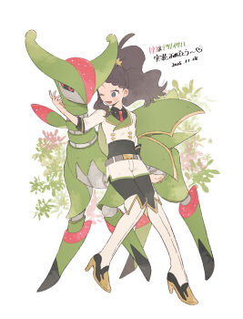 Rule 34 | 1girl, black bodysuit, black sclera, blue eyes, blush, bodysuit, bodysuit under clothes, breasts, brown hair, colored sclera, commentary request, flower, highres, hilda (champion) (pokemon), hilda (pokemon), hime (himetya105), iron leaves, jacket, long hair, long sleeves, necktie, nintendo, non-humanoid robot, official alternate costume, one eye closed, open mouth, pink eyes, pink necktie, pokemon, pokemon (creature), pokemon masters ex, ponytail, red eyes, robot, robot animal, shirt, shoes, shorts, smile, thighhighs, tiara, white shorts, white thighhighs