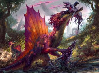 andrewkmar animal_focus claws commentary day decapitation dinosaur eating eggshell english_commentary grass hunting magic:_the_gathering monster no_humans official_art open_mouth outdoors portal_(object) predator_and_prey ravenous_sailback realistic ripping scenery sharp_teeth signature spinosaurus tail teeth tree water yellow_eyes