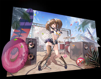 1girl :d absurdres armband bare_shoulders black_sailor_collar black_shoes black_shorts blue_choker blue_sky brown_hair brown_socks brown_thighhighs check_copyright chinese_commentary choker cloud cloudy_sky commentary_request copyright_request crop_top day fingerless_gloves fingernails full_body gloves hair_ornament highres holding holding_microphone_stand kneehighs liutiao long_sidelocks looking_at_viewer microphone microphone_stand nail_polish navel neckerchief open_mouth original purple_nails red_eyes sailor_collar shoes short_twintails shorts sidelocks single_thighhigh sky sleeveless smile socks solo standing stomach thighhighs twintails warship_girls_r white_gloves yellow_neckerchief