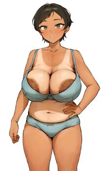 1girl areola_slip black_hair blue_bra blue_panties blush bra breasts cleavage collarbone freckles green_eyes hand_on_own_hip huge_breasts kono_(yuri_kotone_ero) large_areolae large_breasts looking_at_viewer navel nipple_slip nipples panties parted_lips short_hair simple_background solo takenoko_no_you tan tanline underwear underwear_only white_background