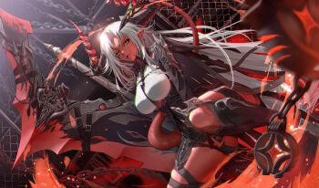 1girl black_jacket breasts chromatic_aberration closed_mouth colored_skin commentary demon_tail duet_night_abyss earrings greatsword hellfire_(duet_night_abyss) highres jacket jewelry large_breasts long_hair looking_at_viewer mapa_s2 pointy_ears red_skin red_tail shirt sidelocks solo squatting sword tail very_long_hair weapon white_hair white_shirt yellow_eyes