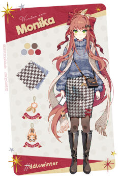 1girl artist_name bag bag_charm black_bag black_boots black_bow black_pantyhose black_skirt boots bow brown_hair cellphone cellphone_charm character_name charm_(object) color_guide commentary copyright_notice doki_doki_literature_club english_commentary full_body green_eyes grey_sweater hashtag highres holding holding_phone houndstooth knee_boots knit_sweater long_hair long_sleeves monika_(doki_doki_literature_club) pantyhose phone ponytail red_bow satchely shoulder_bag sidelocks skirt smartphone solo sweater turtleneck turtleneck_sweater two-tone_skirt white_skirt winter_clothes