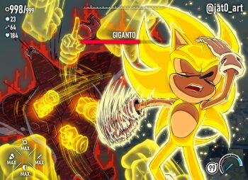 Rule 34 | 1boy, 1other, absurdres, aura, closed eyes, flying, gameplay mechanics, giganto (sonic frontiers), gloves, gold fur, gold hair, health bar, highres, jat0 art, jujutsu kaisen, mecha, meme, middle finger, naoya hitting choso without looking (meme), powering up, punching, robot, sega, sonic (series), sonic frontiers, sonic the hedgehog, spiked hair, stats