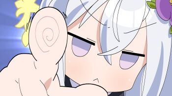 1girl :&lt; absurdres animated animated_gif azusa_(blue_archive) blue_archive chibi closed_mouth commentary_request dwon1226 flower frown hair_between_eyes hair_flower hair_ornament halo highres jitome korean_commentary looking_at_viewer lucky_star motteke!_serafuku no_pupils parody pointing pointing_at_viewer portrait purple_eyes purple_flower solo v-shaped_eyebrows white_hair yellow_halo