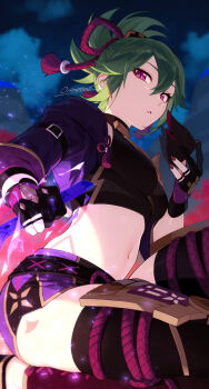 1girl black_mask black_thighhighs body_markings breasts cloud cloudy_sky commentary_request crop_top cropped_jacket eyeshadow fishnet_top fishnets genshin_impact gloves glowing glowing_sword glowing_weapon green_hair hair_between_eyes hair_ornament holding holding_mask holding_sword holding_weapon jacket kneeling kuki_shinobu long_hair looking_at_viewer makeup mask medium_breasts midriff mouth_mask navel night ninja ninja_mask onimoti open_clothes open_jacket outdoors paid_reward_available parted_lips partial_commentary partially_fingerless_gloves ponytail purple_eyes purple_jacket purple_nails purple_rope purple_shorts red_eyeshadow rope shimenawa short_shorts shorts sidelocks signature skindentation sky solo sword thighhighs weapon