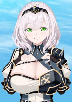 1girl arm_armor armor black_gloves black_hairband blue_background blue_shirt blue_sky braid breasts c: chest_guard cleavage cleavage_cutout closed_mouth clothing_cutout collared_shirt commentary_request crossed_bangs day double-parted_bangs fingerless_gloves gloves green_eyes hair_between_eyes hairband highres hololive huge_breasts long_sleeves looking_at_viewer metal_hairband mole mole_on_breast outdoors philip98267134 shirogane_noel shirogane_noel_(1st_costume) shirt short_hair shoulder_armor skindentation sky smile solo straight-on two-tone_shirt upper_body virtual_youtuber white_hair white_shirt