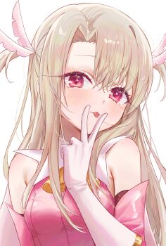 Rule 34 | 1girl, absurdres, blonde hair, blush, closed mouth, commentary, detached sleeves, elbow gloves, fate/kaleid liner prisma illya, fate (series), feather hair ornament, feathers, gloves, hair ornament, highres, illyasviel von einzbern, kaze 22, korean commentary, long hair, looking at viewer, red eyes, solo, tongue, tongue out, two side up, v, v over mouth, white gloves