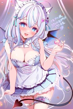 1girl :d absurdres ahoge animal_ears aqua_ribbon blue_dress blue_eyes blue_hair blush breasts cleavage commentary_request demon_tail demon_wings dress highres indie_virtual_youtuber large_breasts long_hair looking_at_viewer maid maid_headdress medium_breasts multicolored_hair open_mouth origami_aya paw_hair_ornament purple_hair ribbon smile streaked_hair tail virtual_youtuber wings
