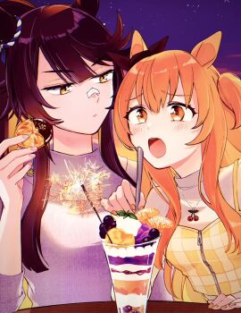 2girls animal_ears bandaid bandaid_on_face bandaid_on_nose black_hair blush breasts closed_mouth ear_ornament fireworks food highres horse_ears ice_cream jewelry long_hair long_sleeves looking_at_another mayano_top_gun_(casual)_(umamusume) mayano_top_gun_(umamusume) multiple_girls narita_brian_(casual)_(umamusume) narita_brian_(umamusume) necklace open_mouth orange_eyes orange_hair outdoors ponytail raised_eyebrows shirt small_breasts sparkler spoon star_(sky) sundae sweater table umamusume upper_body vest white_shirt yellow_eyes yellow_vest yonu_(yonurime)