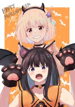 2girls animal_ear_hairband animal_ears animal_hands black_choker black_hair blonde_hair chai_haru choker commentary fake_animal_ears fake_horns gloves hairband happy_halloween highres horns inoue_takina long_hair looking_at_viewer lycoris_recoil multiple_girls nishikigi_chisato one_eye_closed open_mouth paw_gloves purple_eyes red_eyes short_hair sleeveless