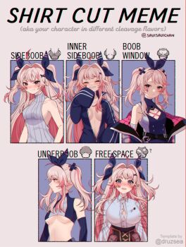 1girl :/ :t ^_^ absurdres bare_shoulders blonde_hair blush breasts center_frills center_opening chart cleavage_cutout closed_eyes clothing_cutout commentary copyright_request crop_top english_commentary english_text facing_viewer frills grin hair_intakes hair_ornament hair_ribbon highres large_breasts long_sleeves looking_at_viewer medium_breasts meme multiple_drawing_challenge multiple_views no_bra popped_button pouch ribbon savi_(byakushimc) shirt shirt_cut_meme sideboob sleeves_past_fingers sleeves_past_wrists smile twintails twitter_username two_side_up underboob virtual_youtuber white_shirt x_hair_ornament