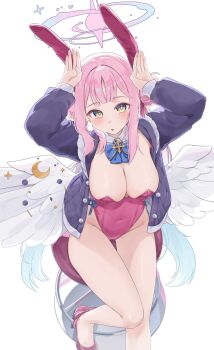 1girl alternate_costume angel_wings animal_ear_hairband animal_ears blue_archive breasts cleavage covered_navel daran9 detached_collar double_bun fake_animal_ears feathered_wings hair_bun hairband halo highleg highleg_leotard highres jacket large_breasts leotard long_hair looking_at_viewer low_wings mika_(blue_archive) open_clothes open_jacket pink_hair pink_halo pink_leotard playboy_bunny rabbit_ear_hairband rabbit_ears rabbit_pose sitting solo stool strapless strapless_leotard white_background white_wings wings