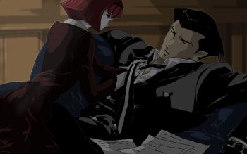 1boy 1girl adjusting_clothes adjusting_necktie adjusting_tie bad_id bad_pixiv_id black_eyes black_hair bob_cut dress formal_clothes necktie oekaki pale_skin pixel_art r_dorothy_wayneright rasak red_hair roger_smith scrb short_hair sleeping suit the_big_o