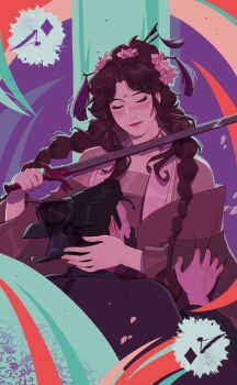 1boy 1girl abstract_background amonimy autodecapitation between_breasts black_hair blade_to_throat blood blush braid breasts brown_hair card_(medium) chinese_clothes closed_eyes closed_mouth collarbone dress earrings face_between_breasts flower hair_flower hair_ornament hair_ribbon hand_on_another's_arm hand_on_another's_head head_between_breasts highres holding huadian jewelry layered_clothes long_hair long_sleeves neck_injury pink_flower ribbon slit_throat sword tassel tianguan_cifu topknot twin_braids weapon wide_sleeves yushi_huang