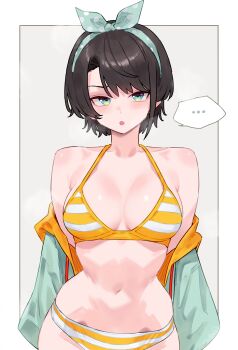 Rule 34 | ..., 1girl, :o, absurdres, arms behind back, bikini, black hair, blue eyes, blue jacket, bluefield, bow hairband, breasts, cleavage, commentary, hairband, halterneck, highres, hololive, jacket, jacket partially removed, large breasts, looking at viewer, navel, off shoulder, official alternate costume, oozora subaru, oozora subaru (hololive summer 2019), polka dot hairband, short hair, simple background, solo, speech bubble, spoken ellipsis, stomach, striped bikini, striped clothes, swept bangs, swimsuit, virtual youtuber, yellow bikini