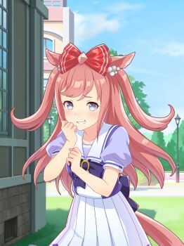 1girl absurdres against_wall agnes_digital_(umamusume) animal_ears artist_request back_bow bare_arms blue_bow blue_bowtie blue_eyes blue_shirt blue_sky bow bowtie breasts building clenched_hands cloud collarbone cowboy_shot day diamond_hair_ornament eyelashes game_cg grass grin hair_bobbles hair_bow hair_ornament hand_on_own_cheek hand_on_own_face high-waist_skirt highres horse_ears horse_girl horse_tail horseshoe lamppost laughing light_blush long_hair looking_at_viewer miniskirt official_art outdoors path pink_hair pleated_skirt puffy_short_sleeves puffy_sleeves raised_inner_eyebrows red_bow road sailor_collar school_uniform shade shirt short_sleeves sidelocks skirt sky small_breasts smile solo standing swept_bangs tail tareme tracen_school_uniform tree two-tone_shirt two_side_up umamusume very_long_hair white_sailor_collar white_shirt white_skirt window