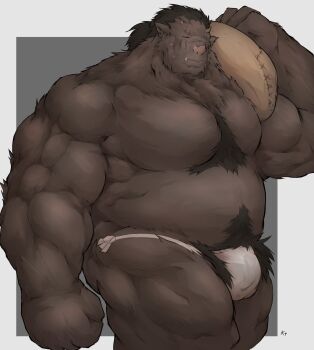 1boy alternate_design bara belly biceps boar_boy body_fur brown_hair bulge carrying_over_shoulder chest_tuft clenched_hand closed_eyes cowboy_shot dark-skinned_male dark_skin dungeon_meshi excessive_pubic_hair fat fat_man flour highres horns huge_pectorals iokei_(doctdra) large_hands loincloth male_focus monster_boy muscular muscular_arms muscular_male navel_hair nipples orc pointy_ears pubic_hair skin-covered_horns solo strongman_waist thick_navel_hair tribal tusks walking zon_(dungeon_meshi)