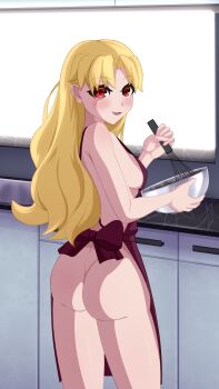 1girl absurdres apron ass blonde_hair blush breasts darkkin ereshkigal_(fate) fate/grand_order fate_(series) highres long_hair looking_at_viewer looking_back medium_breasts mixing_bowl naked_apron open_mouth parted_bangs purple_apron red_eyes sideboob smile solo thighs whisk
