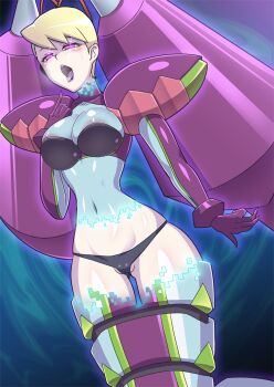 1girl areola_slip black_panties blonde_hair blush breasts commentary_request corruption em_wave_change_(mega_man) forked_tongue gloves glowing glowing_eyes henshin highres jonojono labia_slip luna_platz_(mega_man) mega_man_(series) mega_man_star_force_(series) navel open_mouth panties purple_eyes purple_gloves queen_ophiuca_(mega_man) smile tongue underwear