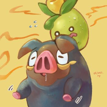 commentary_request dated drooling flying_sweatdrops highres lechonk mei_ford nintendo no_humans o_o open_mouth pokemon pokemon_(creature) pokemon_on_back saliva signature smoliv sweat