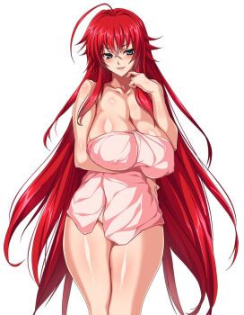 1girl blue_eyes blush breasts cleavage collarbone female_focus g_kilo-byte high_school_dxd large_breasts long_hair looking_at_viewer naked_towel nude open_mouth red_hair rias_gremory saberfish smile standing towel white_background