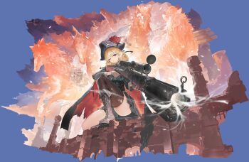 1girl absurdres aiming aiming_at_viewer antique_firearm artist_request azur_lane belt bicorne black_cape black_coat black_thighhighs blonde_hair bolt_action boots braid cannon cape carabiniere_(azur_lane) carabiniere_(meta)_(azur_lane) closed_mouth coat dress finger_on_trigger firearm firelock full_body gloves gun hat hat_feather highres holding holding_gun holding_weapon horse huge_weapon knee_boots lace-up_boots long_sleeves looking_at_viewer medium_hair military military_hat military_uniform musket non-web_source official_art on_one_knee one_eye_closed purple_eyes red_cape rifle scope sitting skirt smile smoke smoking_barrel solo thighhighs thighs torn_cape torn_clothes torn_thighhighs transparent_background two-sided_fabric weapon