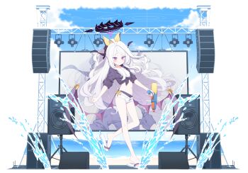 1girl absurdres ahoge artist_request black_halo blue_archive blush breasts day demon_girl demon_horns demon_wings full_body halo highres hina_(blue_archive) horns long_hair looking_at_viewer low_wings navel outdoors purple_eyes small_breasts solo stage standing very_long_hair water water_gun white_hair wings