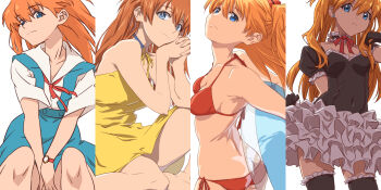 1girl aonori_misuji ass between_legs bikini black_choker black_shirt blue_eyes breasts breasts_apart butt_crack choker collarbone commentary_request covered_navel dress earrings facing_away frilled_skirt frills gloves gothic_lolita hair_between_eyes hand_between_legs hand_in_own_hair head_rest highres interface_headset_(evangelion) jewelry lace-trimmed_choker lace_trim light_smile lolita_fashion long_hair looking_at_viewer medium_breasts multiple_views neon_genesis_evangelion orange_hair pool_float red_ribbon ribbon school_uniform shirt skirt souryuu_asuka_langley sundress swimsuit thighhighs thighs two_side_up watch white_background white_shirt wristwatch zettai_ryouiki