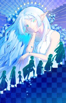 3boys 5girls age_progression blue_eyes blue_flower blue_theme braid braided_ponytail cape checkered_wall child closed_mouth colored_eyelashes commentary_request dress dual_persona elf falling_flower fern_(sousou_no_frieren) flamme_(sousou_no_frieren) flower frieren head_rest highres himmel_(sousou_no_frieren) holding holding_staff looking_at_viewer maodou_buzhisuocuo multiple_boys multiple_girls multiple_persona nemophila_(flower) old old_man on_stairs pointy_ears robe single_braid solo_focus sousou_no_frieren staff white_dress white_eyelashes white_hair