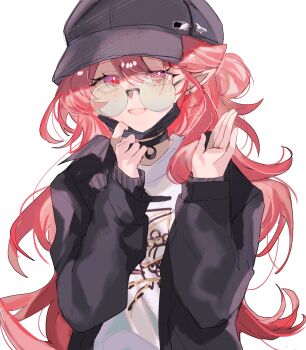 1girl :d arknights black_hat black_jacket commentary_request earrings flat_cap fumi_(rdbm) glasses haruka_(arknights) hat highres jacket jewelry long_hair long_sleeves looking_at_viewer mask mask_pull mouth_mask open_clothes open_jacket open_mouth partial_commentary pink_eyes pink_hair pointy_ears round_eyewear shirt simple_background smile solo waving white_background white_shirt