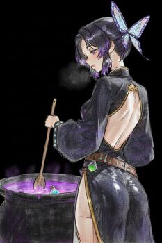 1girl ai-chan_(animelovely930) ass back_cutout belt black_dress black_hair bottle breasts butterfly_hair_ornament clothing_cutout dress drooling hair_ornament highres kimetsu_no_yaiba kochou_shinobu large_breasts long_sleeves multicolored_hair purple_hair smile solo two-tone_hair