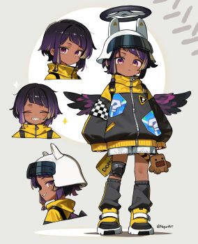 1girl ^_^ absurdres black_jacket black_socks black_wings blonde_hair blunt_bangs closed_eyes closed_mouth commentary dark-skinned_female dark_skin diagonal_bangs english_commentary feathered_wings full_body grey_background grin helmet hepari highres jacket knee_pads long_sleeves looking_at_viewer multicolored_hair multiple_views original purple_eyes purple_hair purple_wings sharp_teeth shoes short_hair shorts single_knee_pad sleeves_past_wrists smile socks standing steering_wheel streaked_hair teeth twitter_username two-tone_hair two-tone_wings white_helmet white_shorts wings yellow_shoes