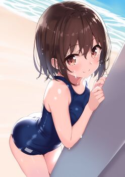 1girl absurdres beach blue_one-piece_swimsuit breasts brown_eyes brown_hair commentary_request cowboy_shot feet_out_of_frame highres himura_moritaka medium_breasts old_school_swimsuit one-piece_swimsuit original school_swimsuit short_hair smile solo swimsuit waves