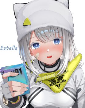 1girl absurdres animal_ears animal_hat arknights arknights:_endfield bandaid bandaid_on_cheek bandaid_on_face blue_eyes blush breasts commentary_request estella_(arknights) fingerless_gloves full-face_blush gloves hat highres holding large_breasts long_hair long_sleeves looking_at_viewer peanut_mouth shirt shy simple_background solo teef white_background white_hair white_hat