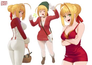 1girl ahoge alternate_costume ass basket beanie braid breasts carlo_montie closed_eyes closed_mouth commentary cropped_legs crossed_arms crown_braid dress english_commentary fate/extra fate_(series) full_body gloves green_hat hair_intakes hat highres long_hair looking_at_another looking_at_viewer looking_back nero_claudius_(fate) open_mouth pants pantylines red_dress red_sweater shirt simple_background smile standing sweater teeth tongue upper_teeth_only white_gloves white_pants white_shirt