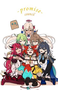 6+girls ahoge animal_ears asymmetrical_legwear asymmetrical_sleeves black_pantyhose black_shoes black_skirt blue_cape blue_eyes blue_hair blue_ribbon braid braided_bangs brown_hair cape ceres_fauna ceres_fauna_(1st_costume) chain chain_headband cheese closed_eyes clothing_cutout collar crop_top demon_horns detached_sleeves detached_wings dice dress elbow_gloves flats flower food friend_(nanashi_mumei) gloves green_hair grey_sleeves grin group_name hair_flower hair_intakes hair_lift hair_ornament hakos_baelz hakos_baelz_(1st_costume) halterneck hand_on_own_chest headpat high_heels highres holding_hands holocouncil hololive hololive_english holopromise horns irys_(hololive) irys_(irys_2.0)_(hololive) ka_klstar kaniko_(tsukumo_sana) key knees_to_chest leg_warmers limiter_(tsukumo_sana) long_hair microskirt mismatched_legwear mismatched_sleeves mouse_ears mouse_girl mouse_tail mousetrap multicolored_hair multiple_girls nanashi_mumei nanashi_mumei_(1st_costume) on_floor open_mouth ouro_kronii ouro_kronii_(1st_costume) outstretched_arms pantyhose partially_fingerless_gloves pink_hair planet_hair_ornament ponytail purple_pantyhose red_hair ribbon shoes sitting skirt smile spiked_collar spikes spread_arms streaked_hair tail tearing_up teeth tree_horns tsukumo_sana tsukumo_sana_(1st_costume) turtleneck twintails underboob_cutout usaslug_(tsukumo_sana) very_long_hair virtual_youtuber white_dress white_gloves white_hair wings